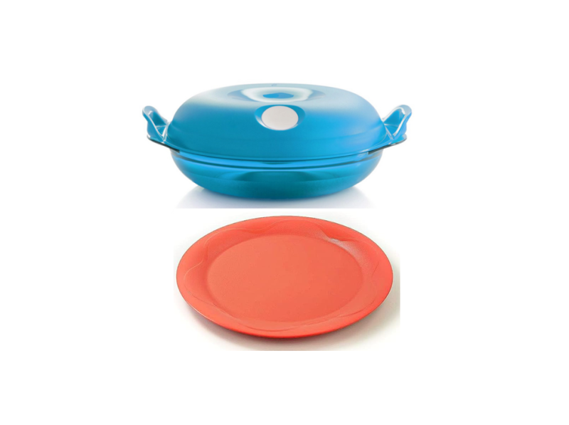 Set Vas Extraplus Rotund Microunde 700 ml + 4 Farfurii plate rotunde portocalii